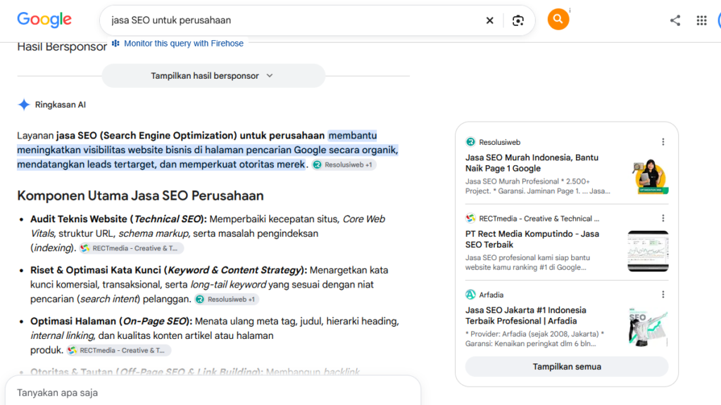 Contoh tampilan Google AI Overview atau Ringkasan AI di hasil pencarian Google.