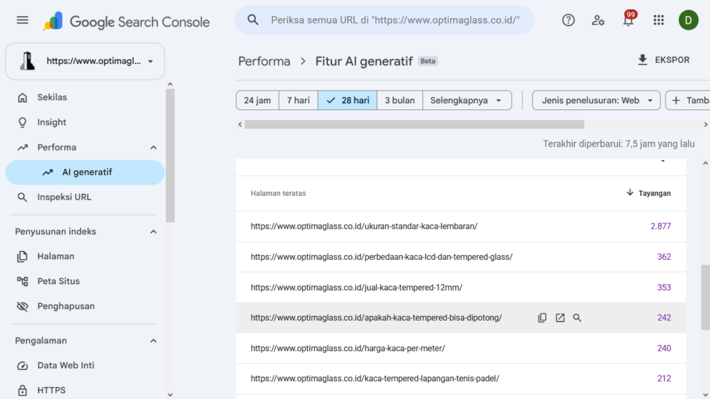 Daftar halaman website yang mendapatkan tayangan AI di Search Console