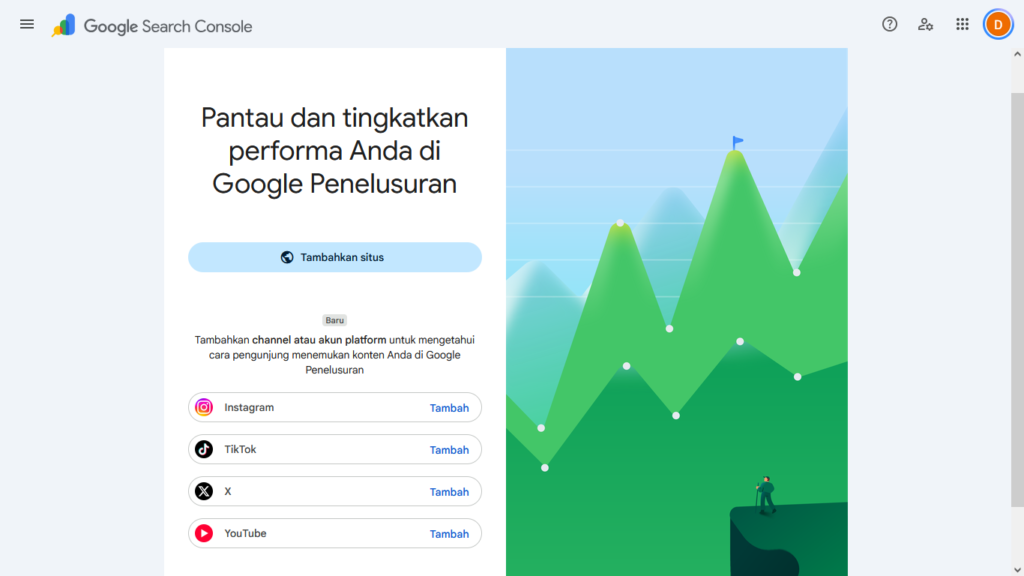 Tampilan dashboard Google Search Console untuk memilih properti website